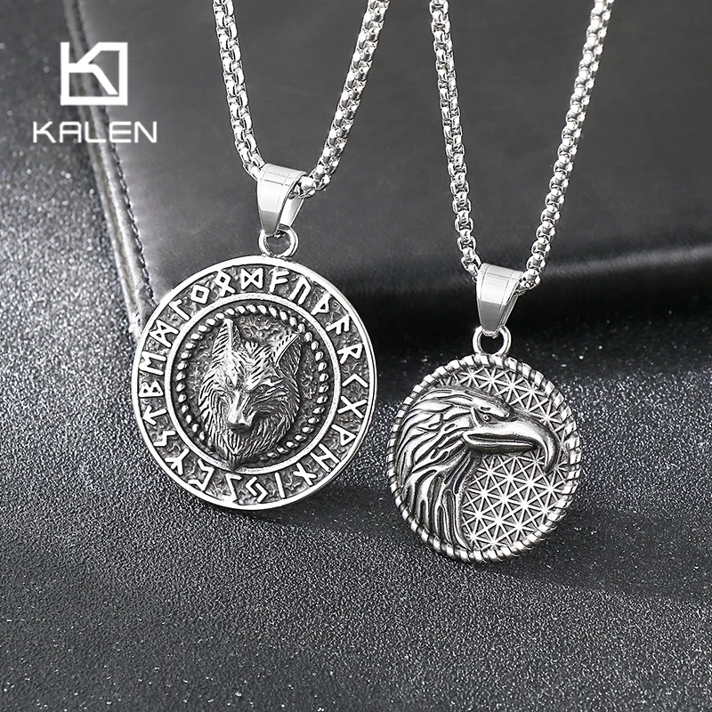 

Kalen Viking Rune Wolf Head Pendant Necklace for Men Vintage Stainless Steel Round Tag Jewelry Eagle Compass Accessories Gift