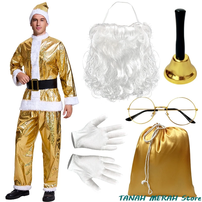 Gold Christmas Santa Claus Costume Men Gold Beard Top Cloth Pants Hat Belt Beard Halloween Dress Up Suit Cosplay Festival Outfit