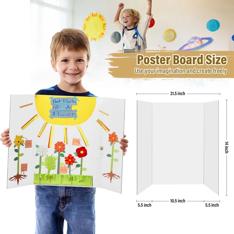 4 Pcs Trifold Poster Board, White Poster Board Comes With Sticky Accessories, Corrugate Presentation Boards Durable S