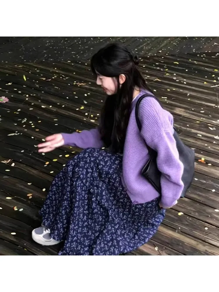 

Retro Korean Purple Floral Half Skirt Women's Spring Autumn plus Size High Waist A-Line Casual Lazy Style Long Skirt