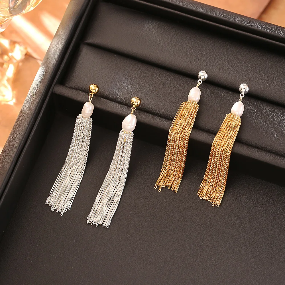 

Freshwater pearl long tassel earrings, high-end, fashionable and versatile, personalized earrings, elegant slimming earrings
