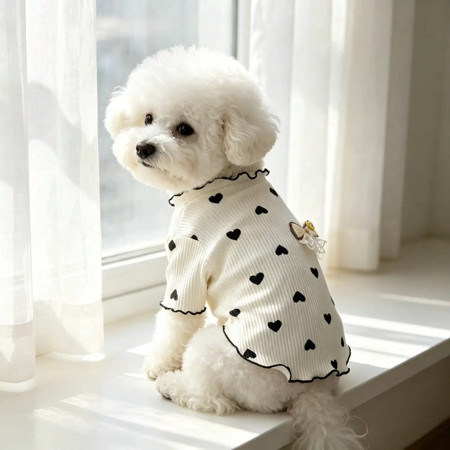 1 Stück geripptes Oberteil mit Herzmuster für kleine Hunde mit Spitzenschleife, lässiges Haustier-Shirt – Detail 19