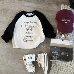 2025 Children's Contrasting Raglan Sleeves Long Sleeved T-shirt for Boys and Girls Spring and Autumn Pure Cotton Base Shirt
