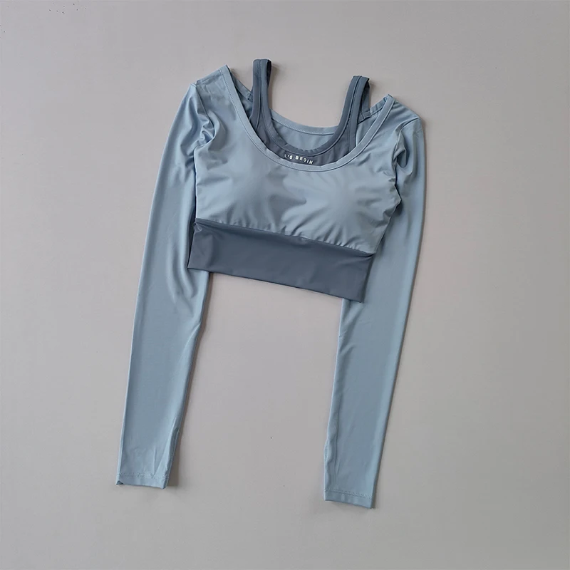 Zweiteiliger Yoga-Anzug mit Brustpolster, langen Ärmeln und kurzem, schlankmachendem, schnelltrocknendem Fitness-Oberteil für Damen. – Detail 8