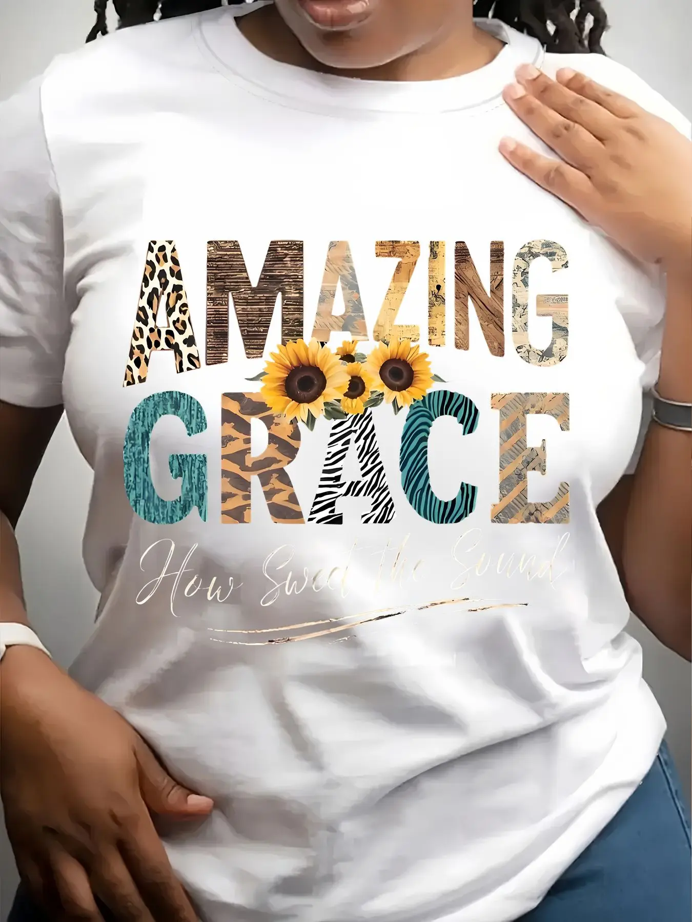 Women's Trendy Crew Neck T-Shirt Amazing Grace Sunflower Pattern Print Suitable for Casual Sportswear