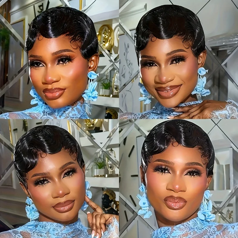 korte vinger golf menselijk haar pruik pixie pruik natuurlijke zwarte kleur voor vrouwen dagelijks feestgebruik pruik pixie cut pruik machine gemaakt