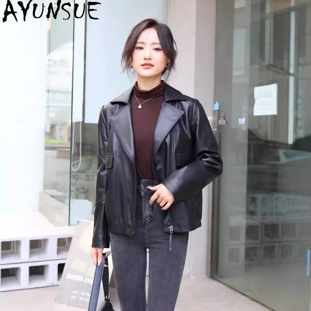 AYUNSUE Schaffell Echt Leder Jacke Frauen 2025, Schwarz Motorrad Mantel Frühling Herbst Kleidung Frauen Lose Fit Jaqueta De Couro