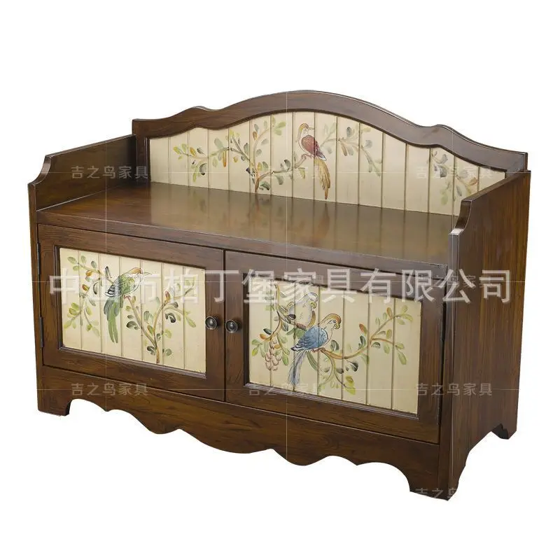 مقعد تغيير الأحذية، خزانة أحذية مدمجة جديدة منحوتة، مقعد تخزين عتيق لبحر الأبيض المتوسط، مقعد مطلي