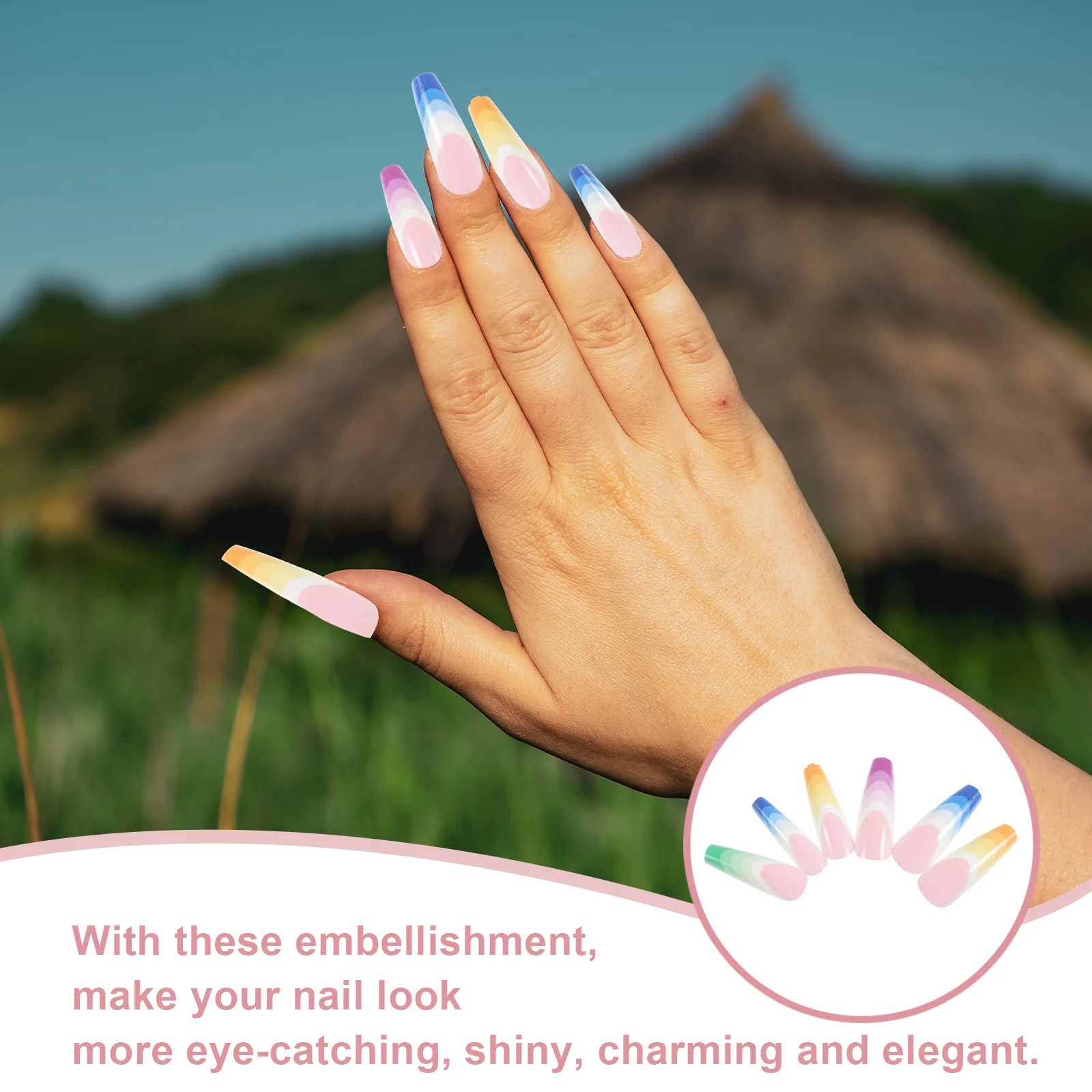 24Pcs Super Long Rainbow False Nails Gradient Color Press on Nails Eye Catching Shiny Charming Elegant Daily Life