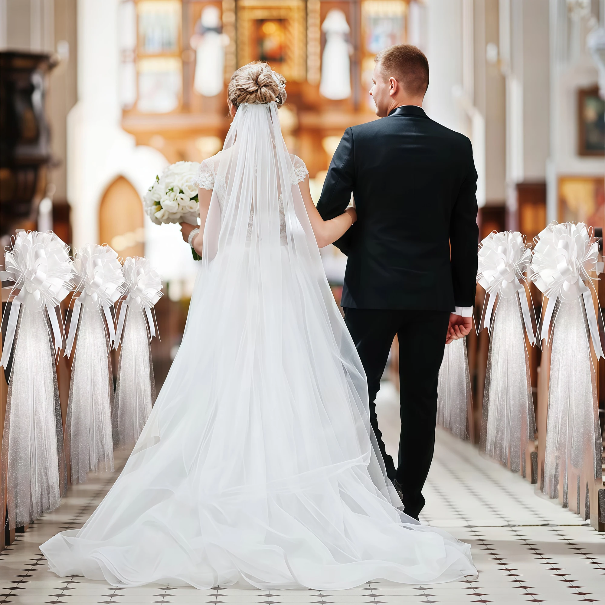 3 Stück weiße Tüll-Schleifen mit Satinband, Kirchenbank-Dekorationen für Hochzeitszeremonie, Gangstuhl-Dekorationszubehör – Detail 4