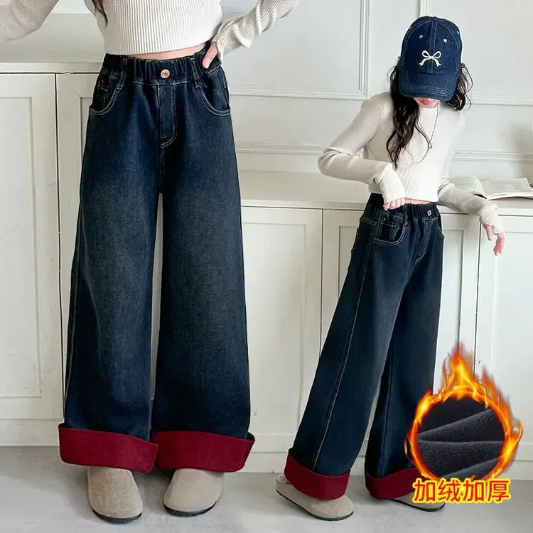 Winter Thick Velvet Gradient Embroidery Bow Teen Girls Jeans Junior Kids Curled Wide Leg Pants Children Trousers for Teenagers