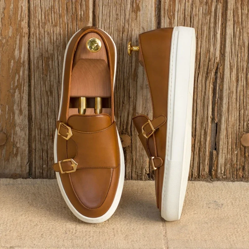 Brown Men Vulcanize Shoes Double Buckle Monk Shoes Slip-On Pu Handmade Casual Mens Shoes  Size 38-46