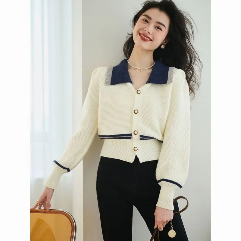 Women Autumn Korean Office Lady All-match Polo-Neck Cardigan Long Sleeve Knitwear Ladies Simplicity Appear Thin Knitting Coat