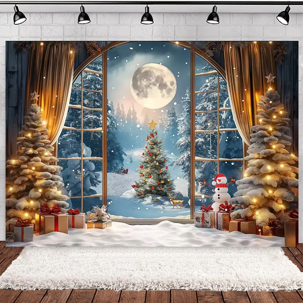 Fondo de fotografía con ventana de árbol de Navidad, muñeco de nieve, corona de flores rojas, puertas, decoración de fiesta de Nochebuena familiar,