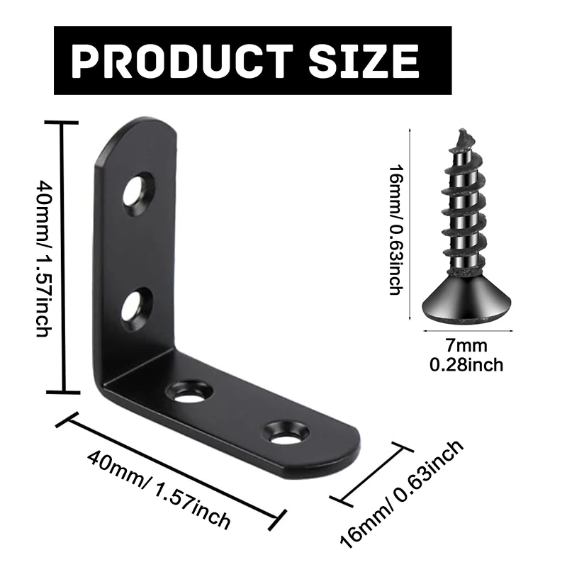 6-20 قطعة دعامة زاوية سوداء على شكل حرف L، دعامة زاوية قائمة من الفولاذ المقاوم للصدأ 40 مم، وصلة معدنية دعامة زاوية قائمة للخشب #2
