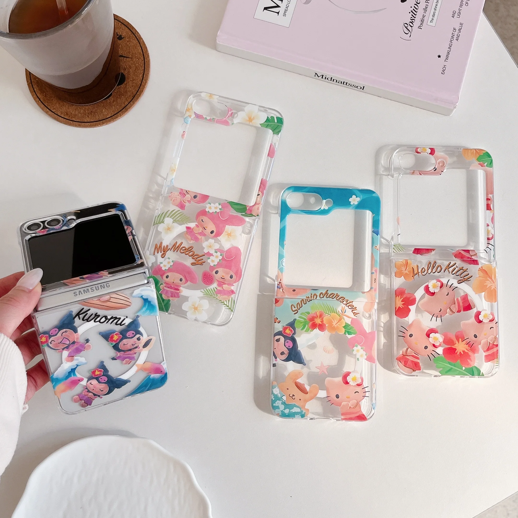 Cute For My Melody Kuromi Hello Kitty Transparent Suction Magnet Phone Case For Samsung Galaxy Z Flip 7 6 5 4 3 Shockproof Cover