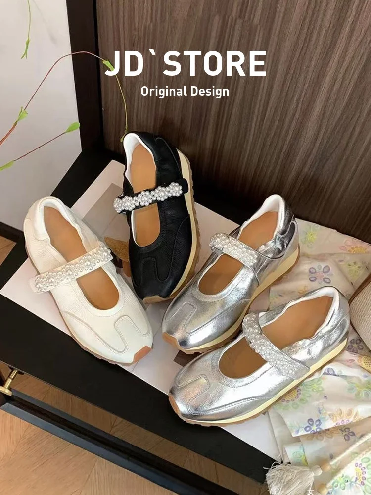 silver-inner-heightening-7cm-mary-jane-sports-single-shoes-pearl-magic-tape-german-training-shoes-women's-ballet-style-fashio