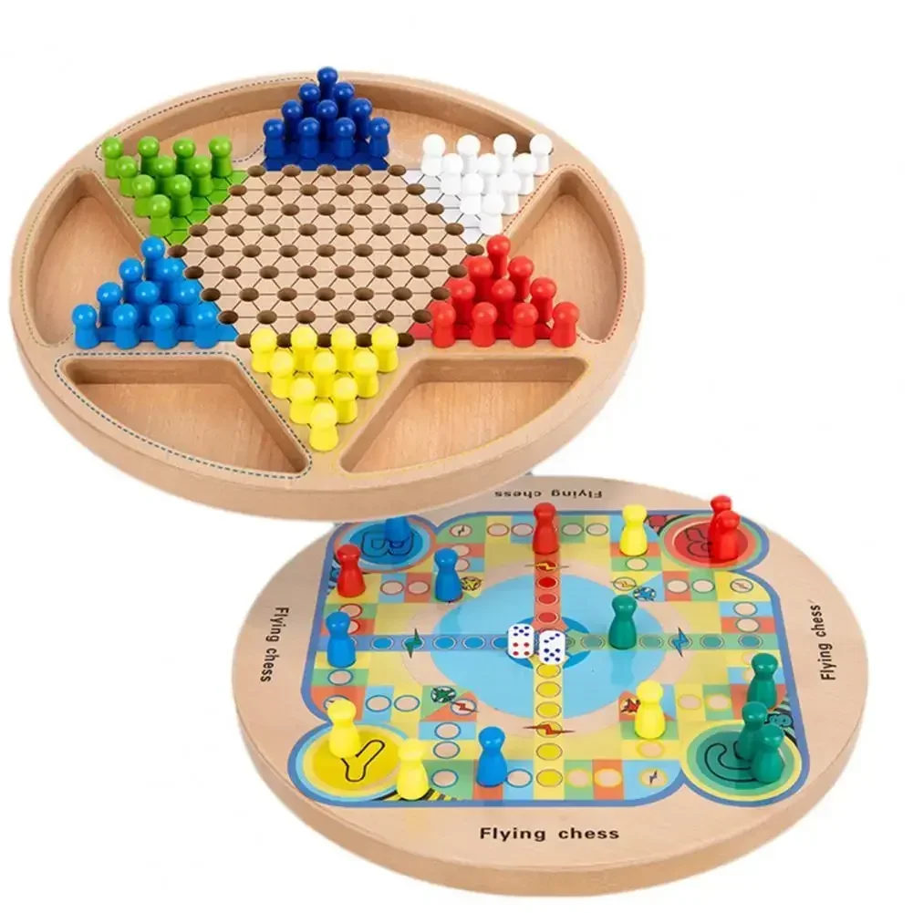 2 in 1 Chinese Checkers Gobang Wooden Board Game for Family Flying Chess Combo Game with Chess Ludo Chinese Checkers Toy for Kid