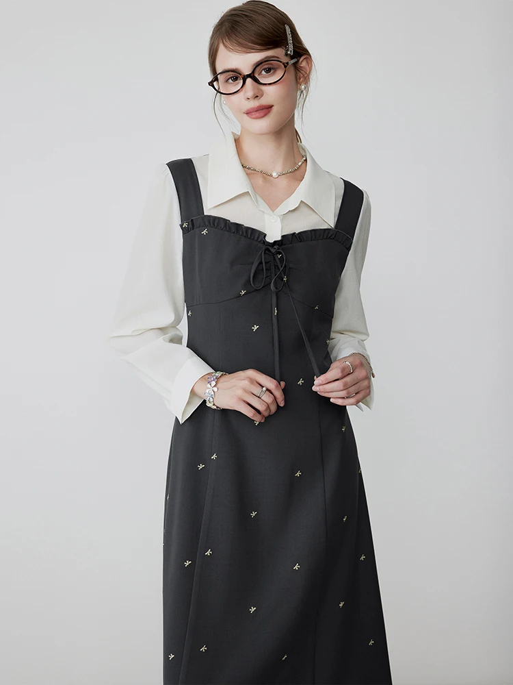 LIEDU Autumn French Elegant Commuter Women Lapel Stripe Fake 2 Piece Sleeveless Vest Midi Dress Loose Casual Office Daily Outfit