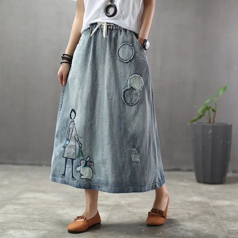 

Women Vintage Art Ripped Female Elastic High Waist Long Maxi Jeans Skirt New Hole Cartoon Embroidery Denim Skirts