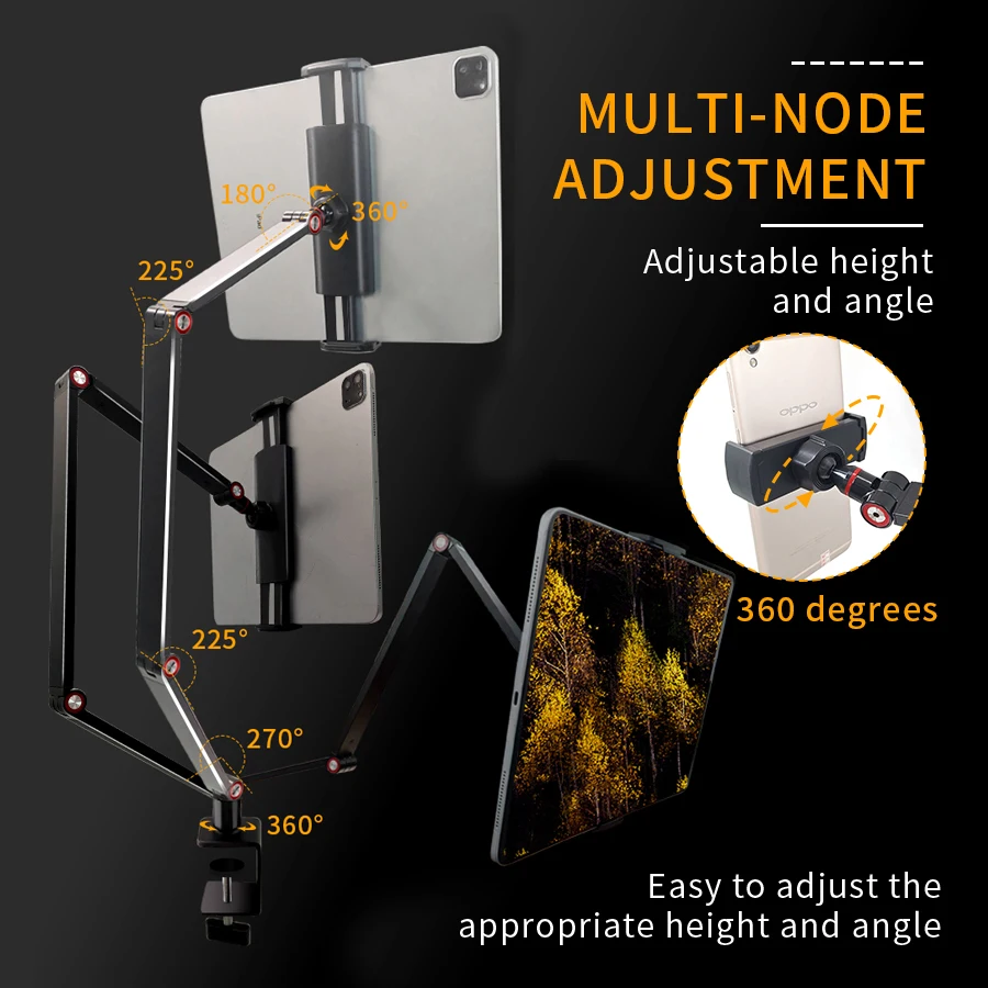 360-Grad-drehbarer Tablet-Ständer aus Aluminiumlegierung, lang, für Arm, freitragende Design-Telefonständer, Desktop-Telefonhalter