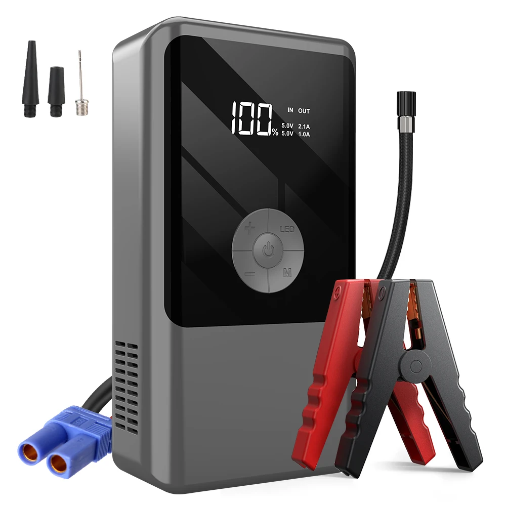 

Power Bank Automobile Battery Booster Power Pack with Air Compressor 2000A Peaks Tire Air Pump with LED Light Jump Starter
