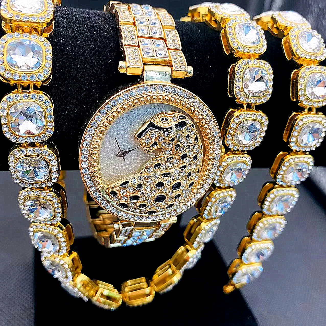 3pcs Iced Out Watches for Women Gold Leopard Watch Diamound Tennis Chains Bracelet Necklace Bling CZ Jewelry for Women Set Watch