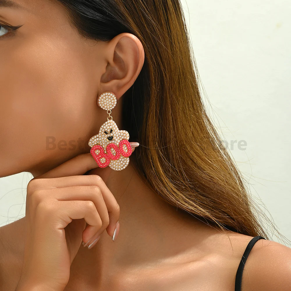 Cute Imitation Pearl Design Ghost Halloween Earrings For Women Personality Festive Spooky Themes Costume Fun Unique Jewelry