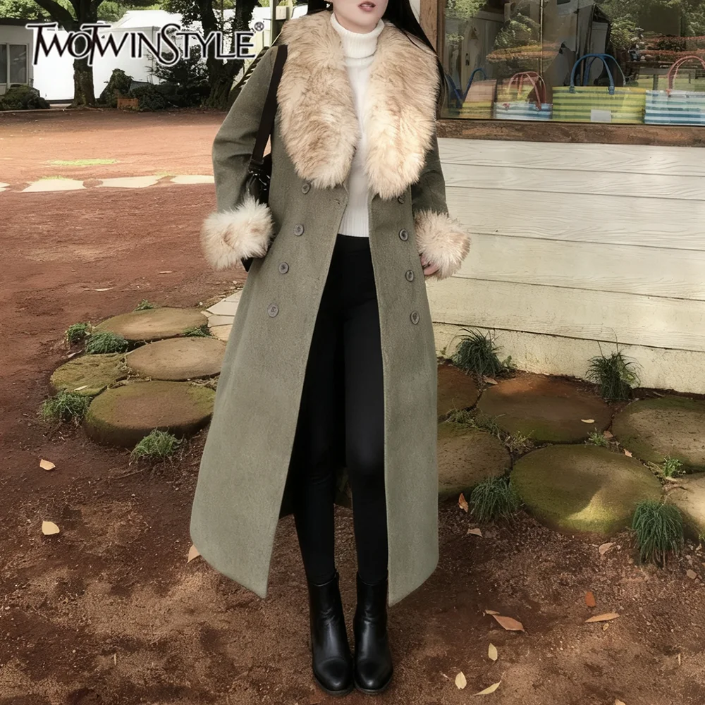 

TWOTWINSTYLE Solid Spliced Double Breasted Vintage Coats for Women V Neck Long Sleeves Patchwork Fur Collar Elegant Coat Female