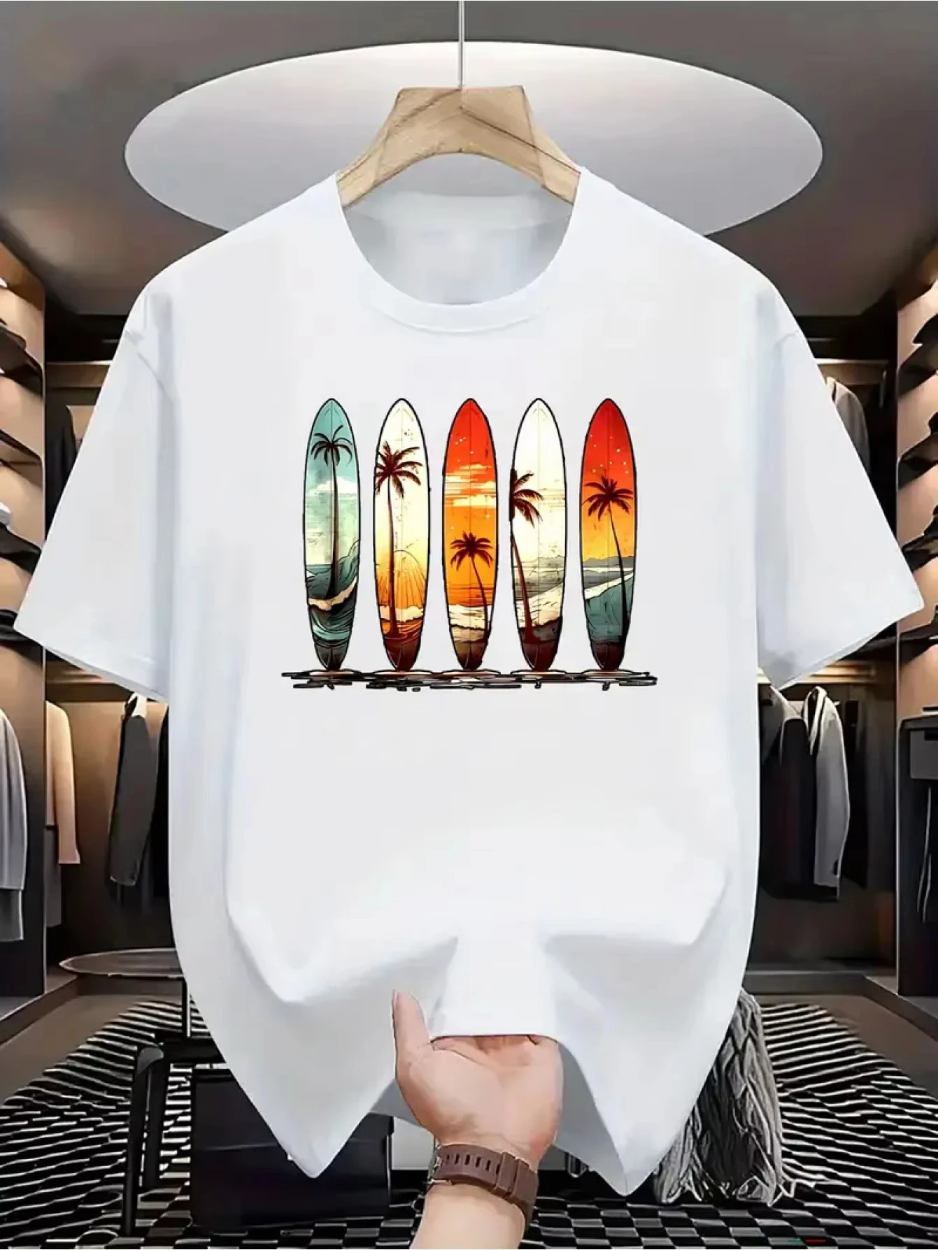 Retro Sunset Surfboard and Palm Tree Print on Premium Soft 100% Cotton Mens T Shirt Perfect for Summer Beach Casual Style