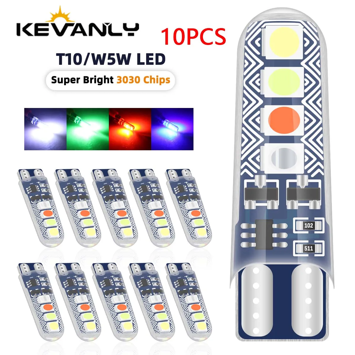 10 pcs T10 RGB 3030 8 Smd Flash Led W5w Car Light Reading  Bulb Auto Interior Side Light Gel Strobe Warning Light 12v Silicone