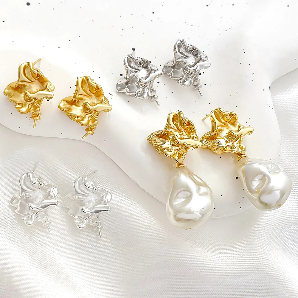 1 Pair Brass Plated with Genuine Gold Irregular Lava Sensation Ear Stud DIY Jewelry Making Semi-finished Product Accessory