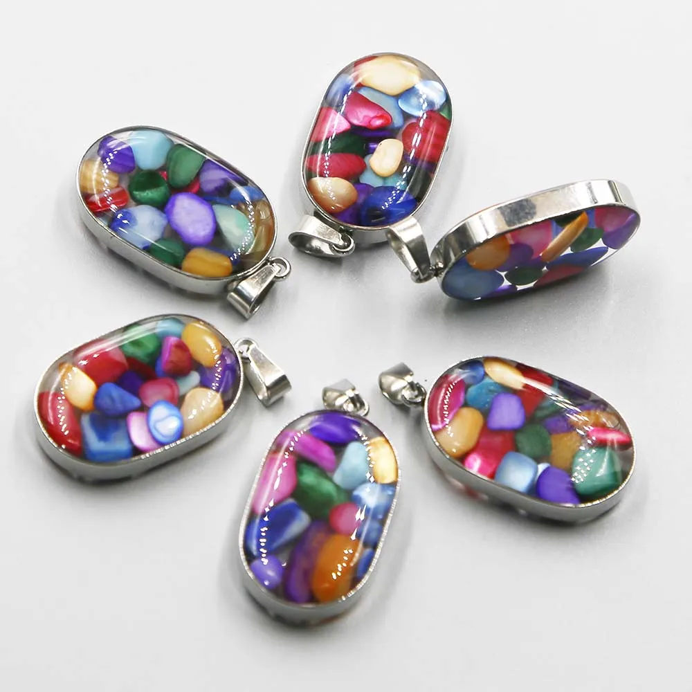 Natural Crushed Stone Oval Resin Stainless Steel Necklace Pendant  Fashion Charm Earrings DIY Jewelry Accessories Wholesale 6Pcs