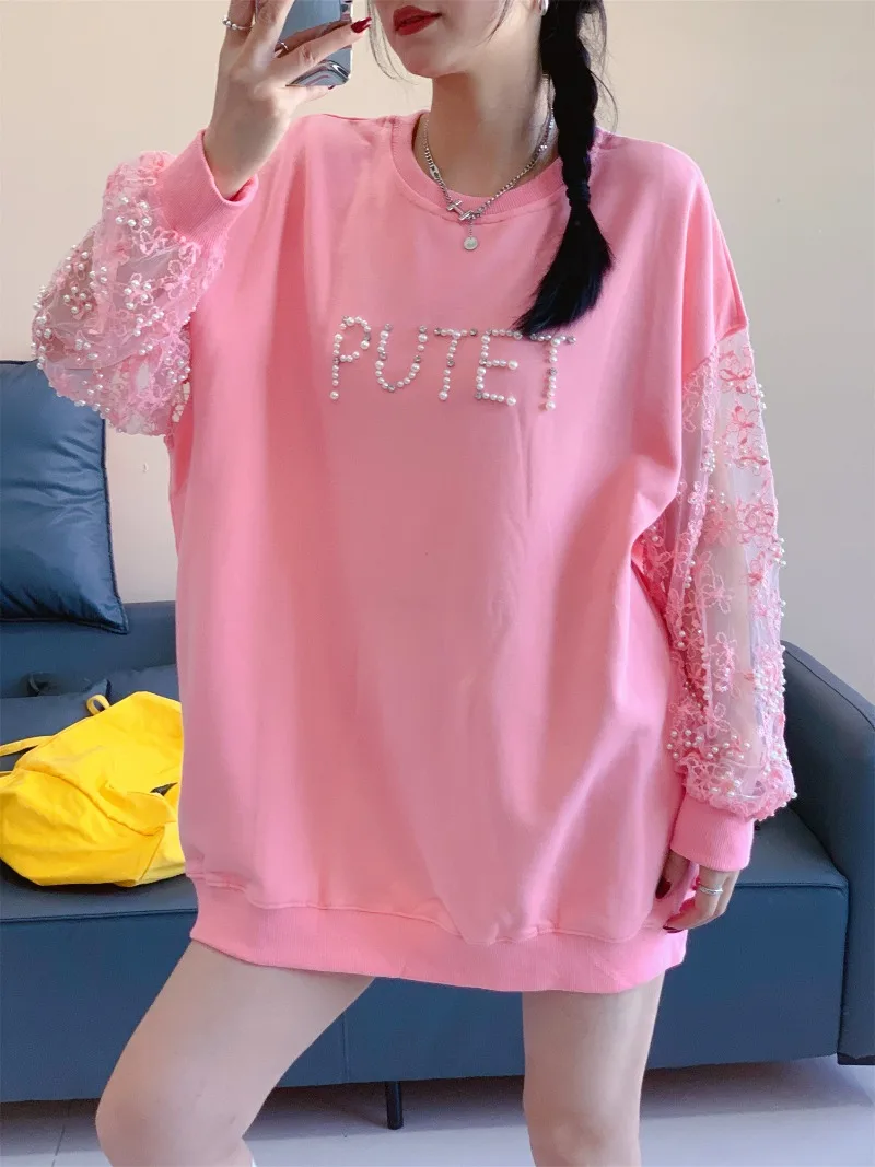 Korean Style Heavy Industry Beaded High-End Mesh Casual Top Spring and Autumn New O-Neck Sweatshirt For Women's Kawaii Hoodies