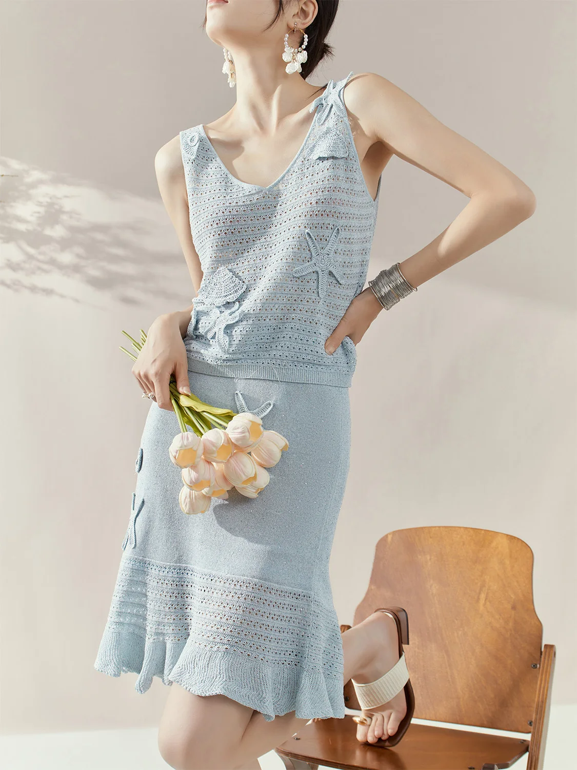 الفرنسية أنيقة الحلو محبوك تنورة جوفاء مجموعة الخامس الرقبة قمصان بلا أكمام عالية الخصر الورك ملفوفة التنانير القصيرة قطعتين مجموعة النساء