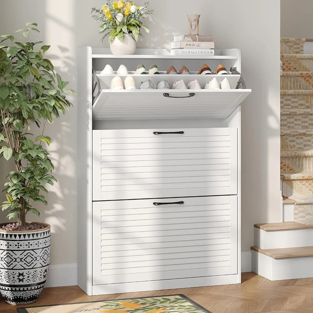 

Shoe Storage Cabinet with 3 Flip Louvered Doors, Freestanding Organizer with Metal Hinges, Shoes Rack Cabinet, Shoe Hanger