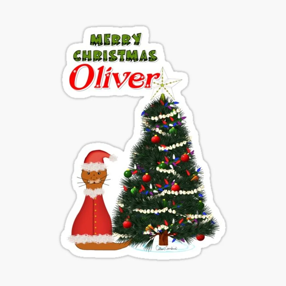 Pegatina de Oliver disfrazado de Papá Noel junto a su árbol de Navidad para decoración de portátil, dormitorio, coche, maleta, con diseño de dibujos animados bonitos y modernos.