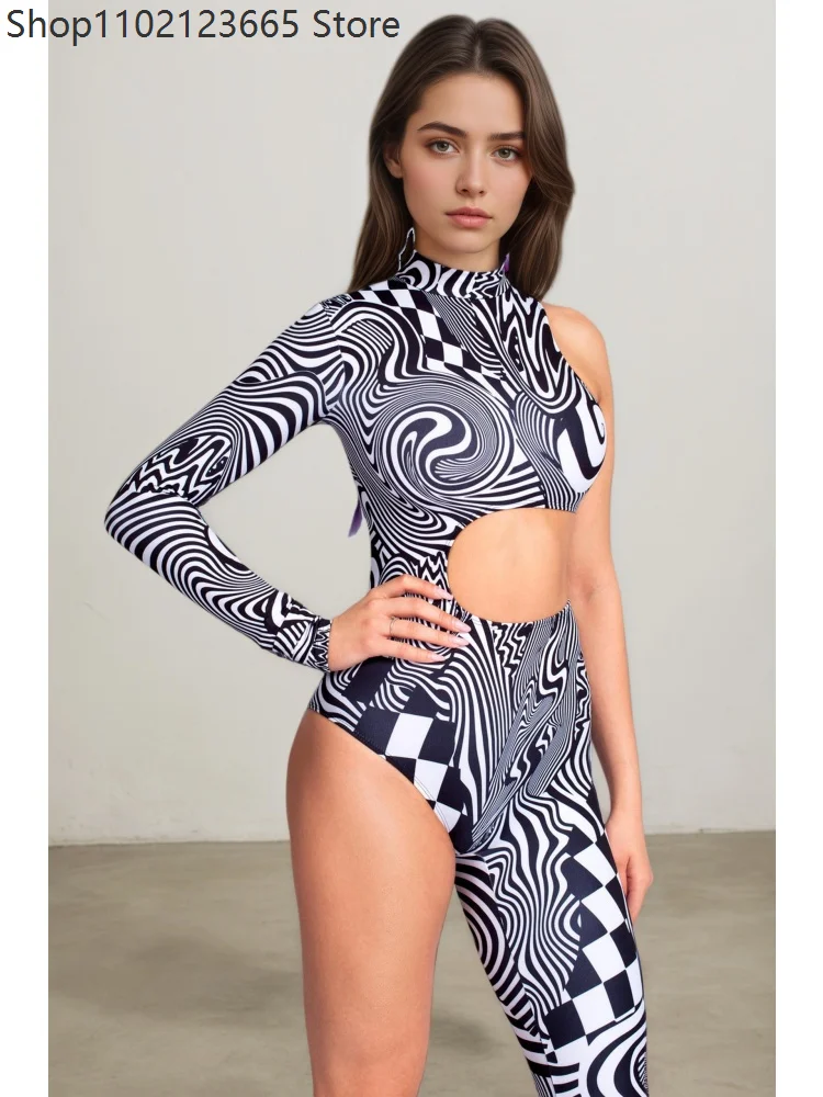 Holiday Black White Asymmetrical Bodysuit Halloween Cosplay Women Rave Jumpsuits Carnival Party Masquerade Cyberpunk Zentai Suit
