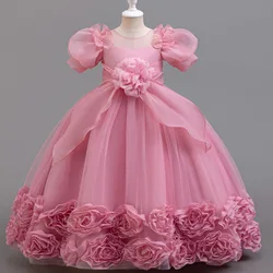 Girl's New Solid Color Flower Bubble Sleeve Mesh Long Princess Dress Wedding Flower Girl Birthday Party Evening Dress