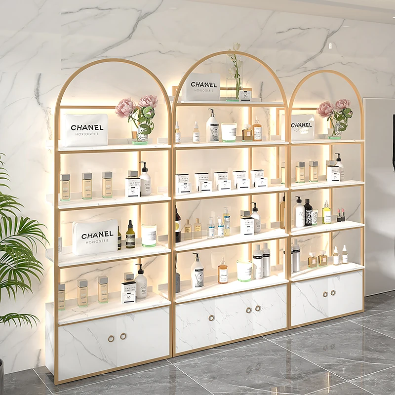 Beauty salon cosmetics display cabinet skin care products shelves nail shop display rack with lights