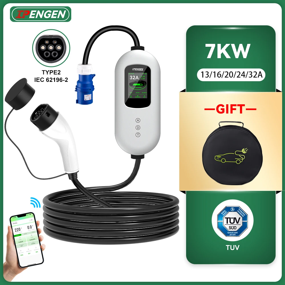 

IPENGEN Type2 Portable EV Charger 7KW 32A Electric Car Charger EVSE Charging Cable Wallbox With WiFi APP Control 5M Cable