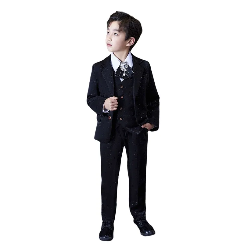 Children's Birtish Style Jacket Vest Pants Bowtie 4pcs Stage Show Photography Suit Kids Piano Wedding Birthday Tuxedo Dress