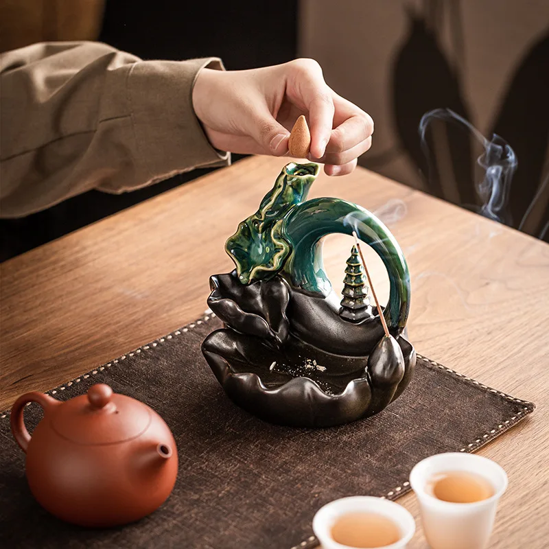 Lotus Leaf & Moon Ceramic Backflow Incense Burner - Creative Aromatherapy Ornament for Home Decor