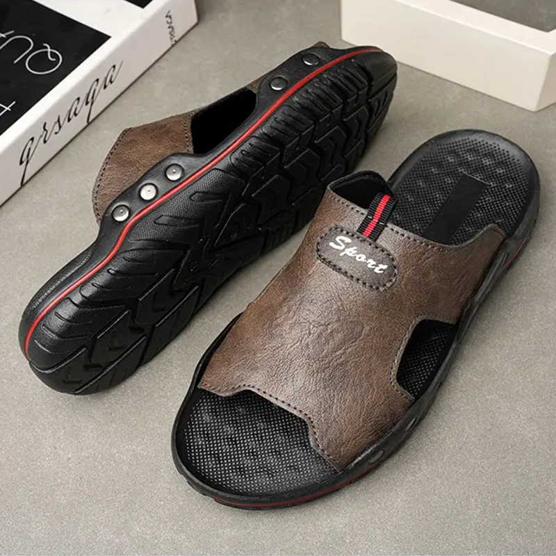 

Men Leather Slippers Summer Outside Sandals Lightweight Soft Sole Beach Slippers for Men Casual Slide Mens Shoes Big Size 49