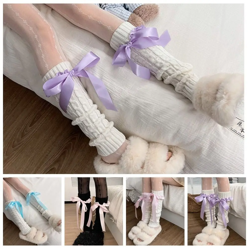 

Japanese Style Bow Leg Warmers Sweet JK Ruffles Knitted Leg Cover Lolitas Pile Socks Leg Socks Lady