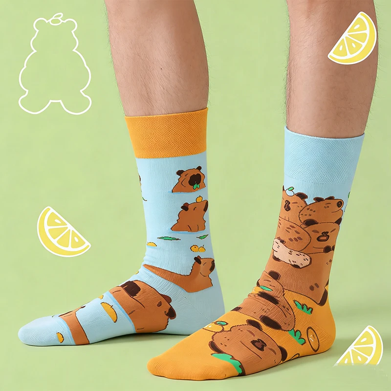 1 Pair of Men's Vibrant Color-Block Capybara Socks Full-Print Cute Animal Mid-Calf Socks Everyday Versatile Socks