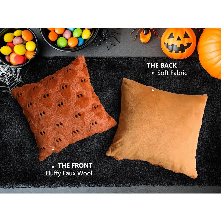 Housses d'oreiller décoratives fantôme d'halloween 18x18, lot de 2 taies de coussin en fausse fourrure douce rouge rouille pour l'automne