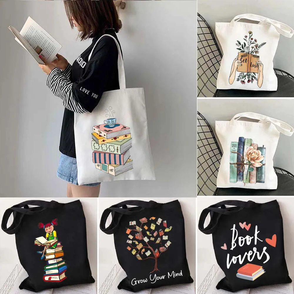 Aesthetic Floral Books Shoulder Bag Literature Book Flower Bookstack Canvas Totes Bag Girls Cotton Bags Travel Harajuku Handbags