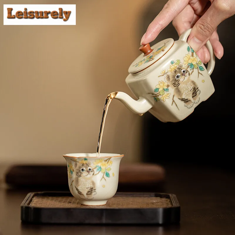 145ml Imitation Song Cream Ru Kiln Teapot Cute Cat Square Pot Ice Cracked Glaze Porcelain Tea Kettle with Ball Hole Filter Gifts