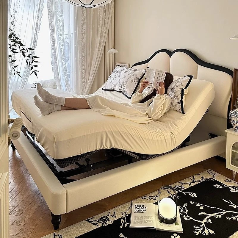 Automatic smart bed, master bedroom genuine leather bed, 1.8m double bed, undisturbed , remote-controlled lift , cream